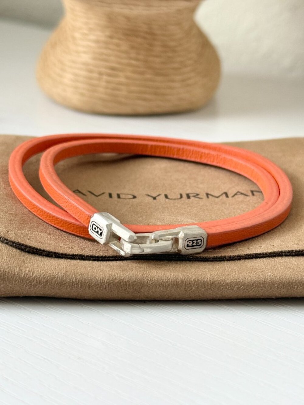 David Yurman Orange Double Wrap Leather Bracelet with Sterling Clasp